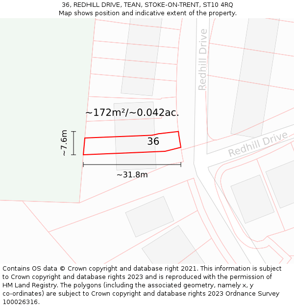 36, REDHILL DRIVE, TEAN, STOKE-ON-TRENT, ST10 4RQ: Plot and title map