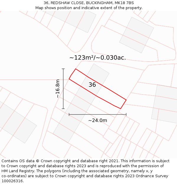 36, REDSHAW CLOSE, BUCKINGHAM, MK18 7BS: Plot and title map