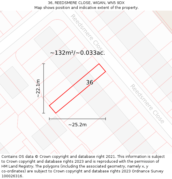 36, REEDSMERE CLOSE, WIGAN, WN5 9DX: Plot and title map