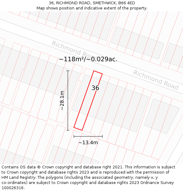 36, RICHMOND ROAD, SMETHWICK, B66 4ED: Plot and title map