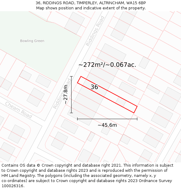 36, RIDDINGS ROAD, TIMPERLEY, ALTRINCHAM, WA15 6BP: Plot and title map