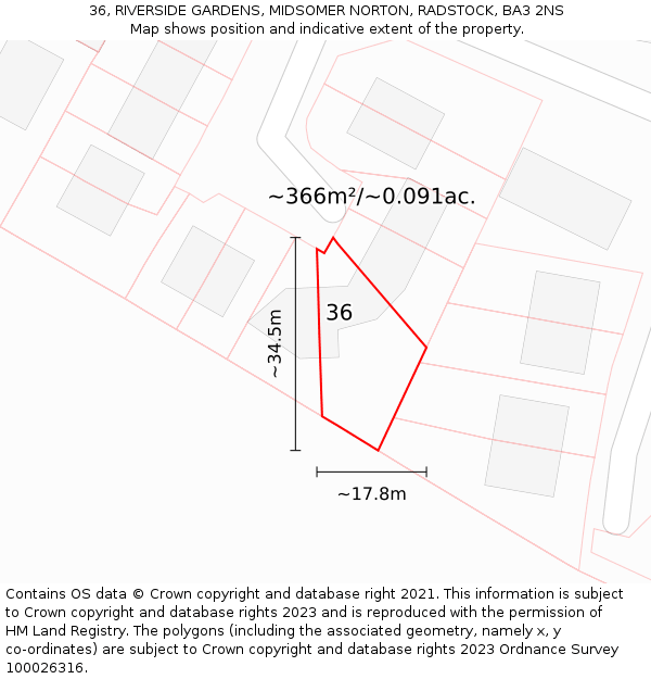 36, RIVERSIDE GARDENS, MIDSOMER NORTON, RADSTOCK, BA3 2NS: Plot and title map