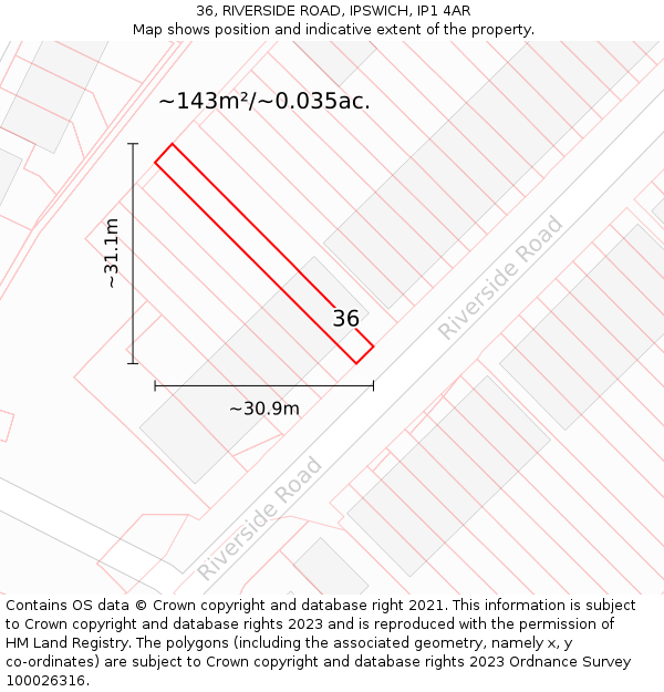 36, RIVERSIDE ROAD, IPSWICH, IP1 4AR: Plot and title map