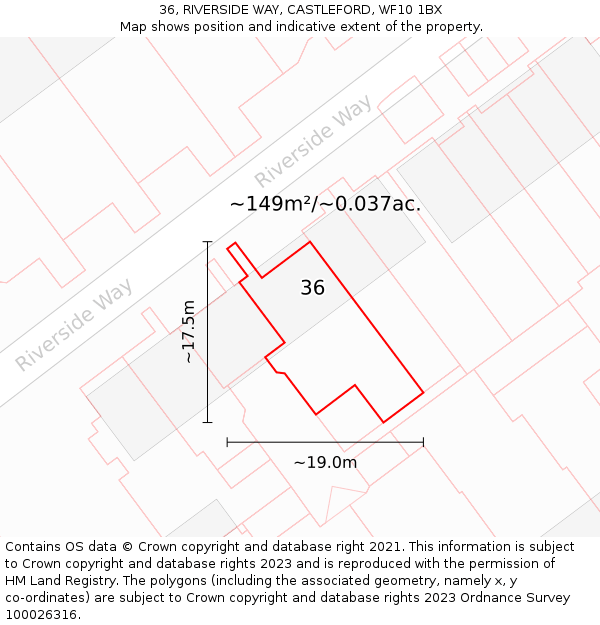 36, RIVERSIDE WAY, CASTLEFORD, WF10 1BX: Plot and title map