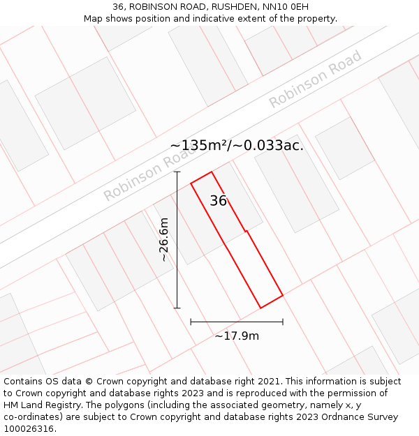 36, ROBINSON ROAD, RUSHDEN, NN10 0EH: Plot and title map