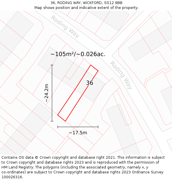 36, RODING WAY, WICKFORD, SS12 9BB: Plot and title map