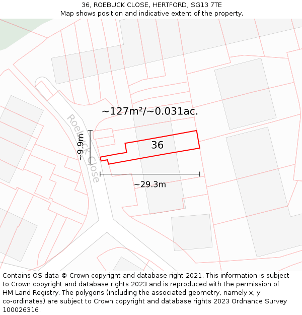 36, ROEBUCK CLOSE, HERTFORD, SG13 7TE: Plot and title map