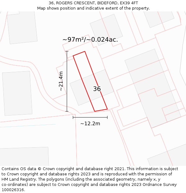 36, ROGERS CRESCENT, BIDEFORD, EX39 4FT: Plot and title map