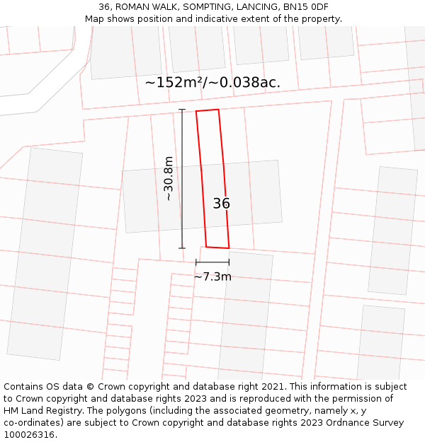 36, ROMAN WALK, SOMPTING, LANCING, BN15 0DF: Plot and title map