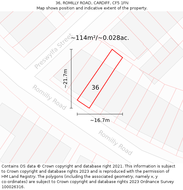 36, ROMILLY ROAD, CARDIFF, CF5 1FN: Plot and title map