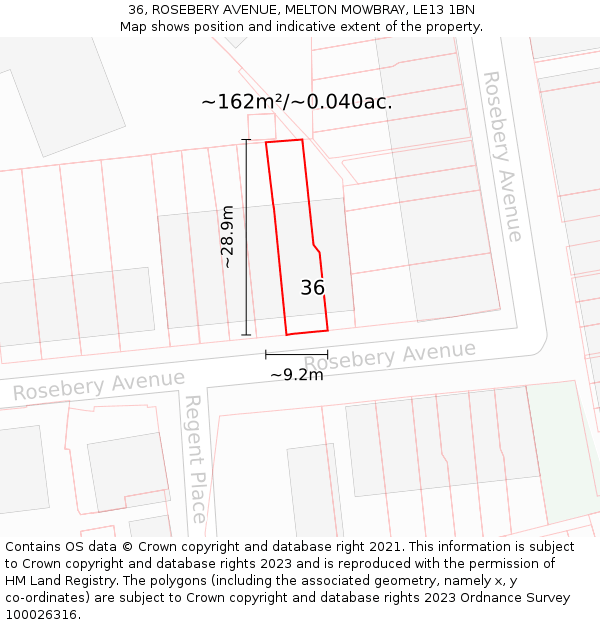 36, ROSEBERY AVENUE, MELTON MOWBRAY, LE13 1BN: Plot and title map
