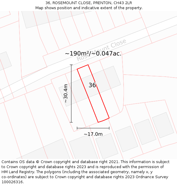 36, ROSEMOUNT CLOSE, PRENTON, CH43 2LR: Plot and title map