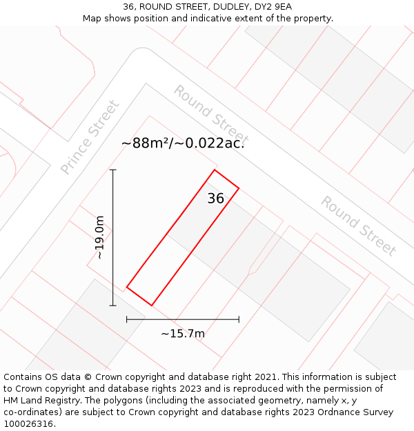 36, ROUND STREET, DUDLEY, DY2 9EA: Plot and title map