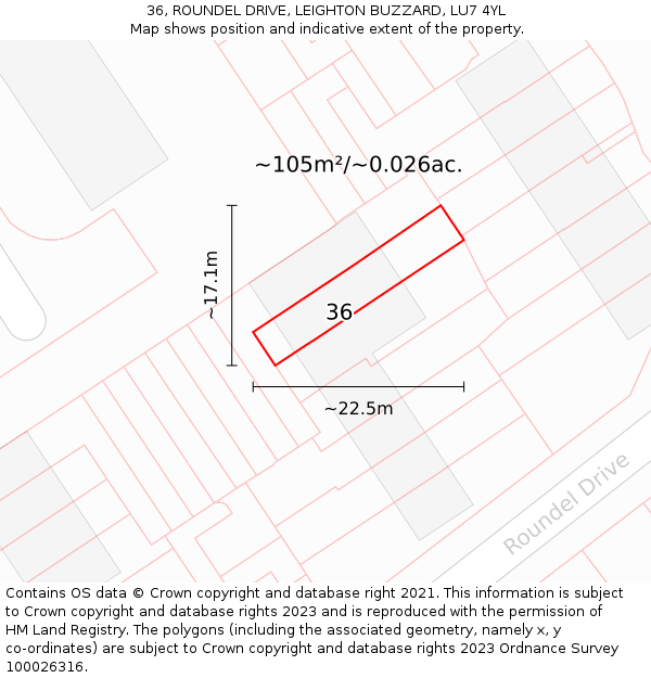 36, ROUNDEL DRIVE, LEIGHTON BUZZARD, LU7 4YL: Plot and title map