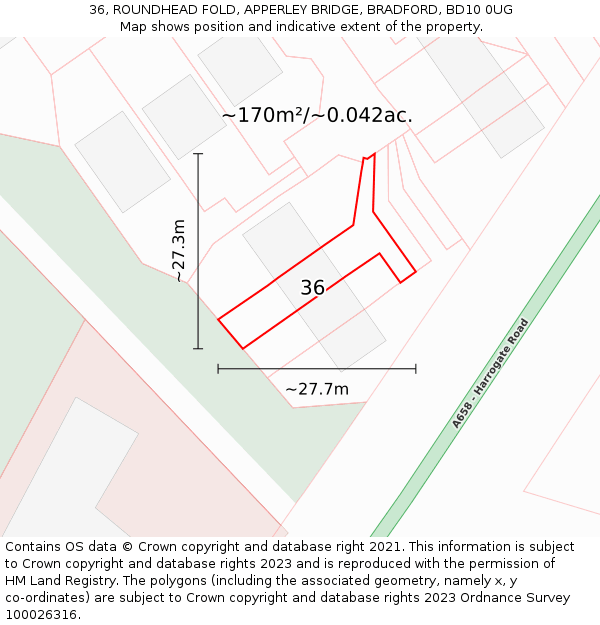 36, ROUNDHEAD FOLD, APPERLEY BRIDGE, BRADFORD, BD10 0UG: Plot and title map