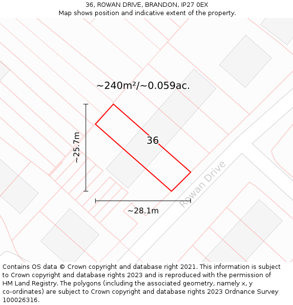 36, ROWAN DRIVE, BRANDON, IP27 0EX: Plot and title map