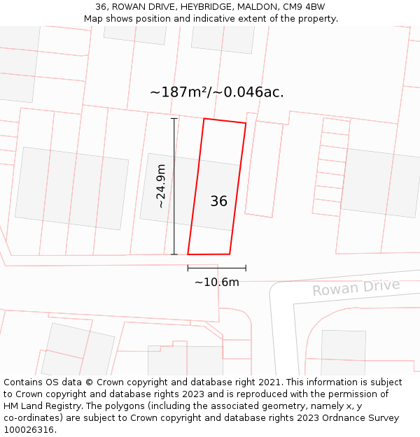 36, ROWAN DRIVE, HEYBRIDGE, MALDON, CM9 4BW: Plot and title map