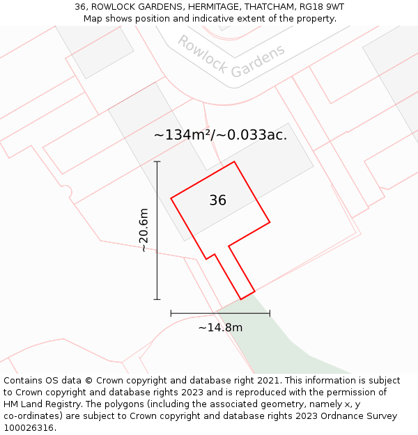 36, ROWLOCK GARDENS, HERMITAGE, THATCHAM, RG18 9WT: Plot and title map
