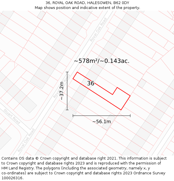 36, ROYAL OAK ROAD, HALESOWEN, B62 0DY: Plot and title map