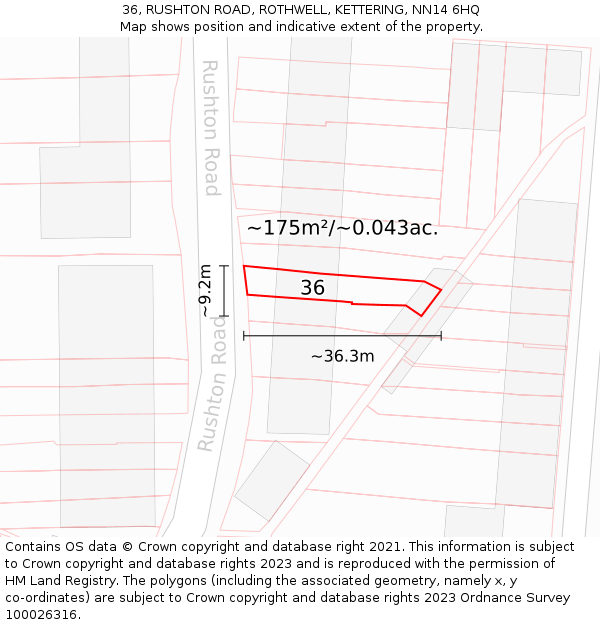 36, RUSHTON ROAD, ROTHWELL, KETTERING, NN14 6HQ: Plot and title map