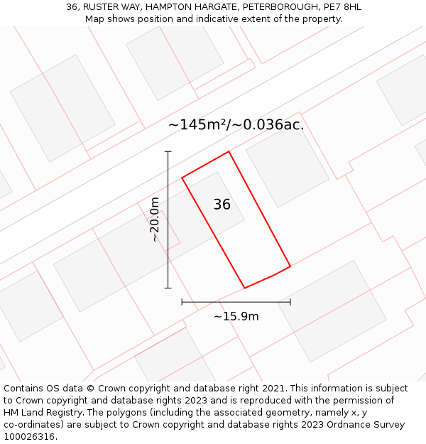 36, RUSTER WAY, HAMPTON HARGATE, PETERBOROUGH, PE7 8HL: Plot and title map