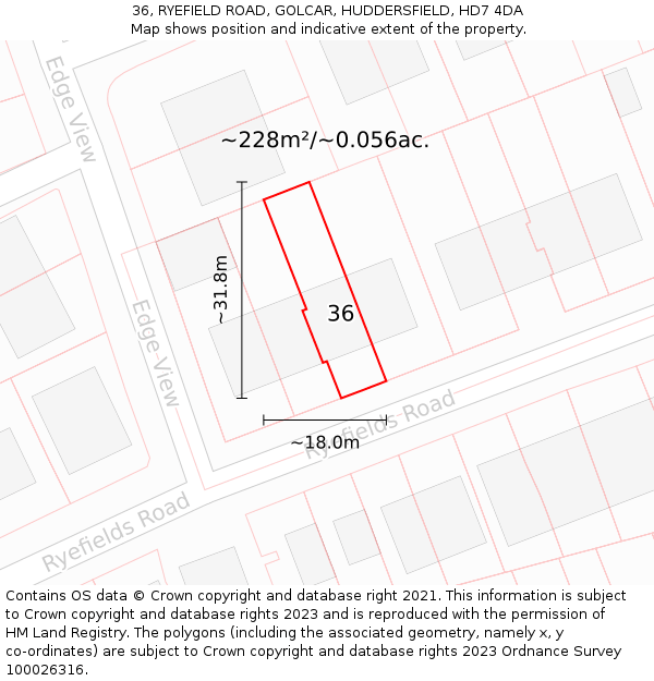 36, RYEFIELD ROAD, GOLCAR, HUDDERSFIELD, HD7 4DA: Plot and title map