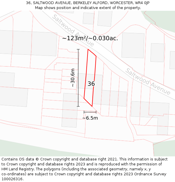 36, SALTWOOD AVENUE, BERKELEY ALFORD, WORCESTER, WR4 0JP: Plot and title map