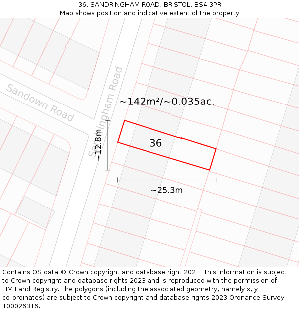 36, SANDRINGHAM ROAD, BRISTOL, BS4 3PR: Plot and title map