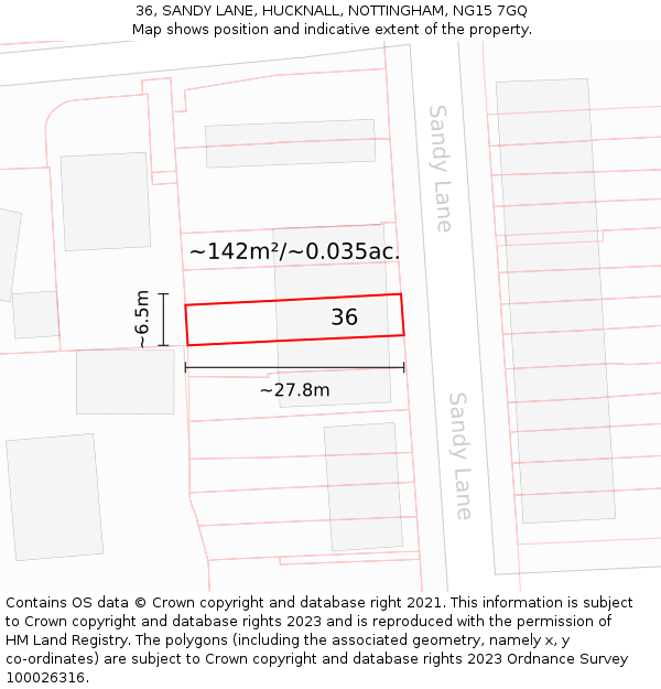 36, SANDY LANE, HUCKNALL, NOTTINGHAM, NG15 7GQ: Plot and title map