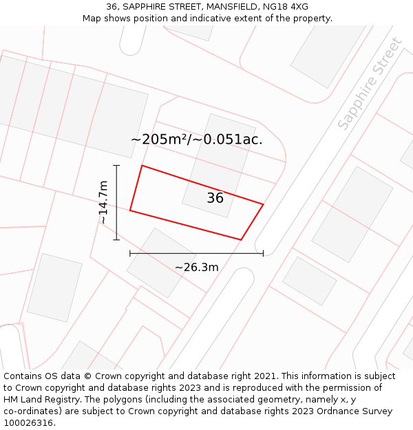 36, SAPPHIRE STREET, MANSFIELD, NG18 4XG: Plot and title map