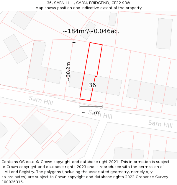 36, SARN HILL, SARN, BRIDGEND, CF32 9RW: Plot and title map