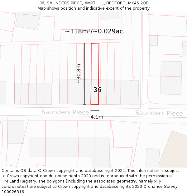 36, SAUNDERS PIECE, AMPTHILL, BEDFORD, MK45 2QB: Plot and title map