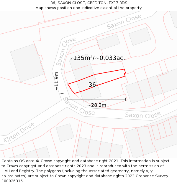 36, SAXON CLOSE, CREDITON, EX17 3DS: Plot and title map