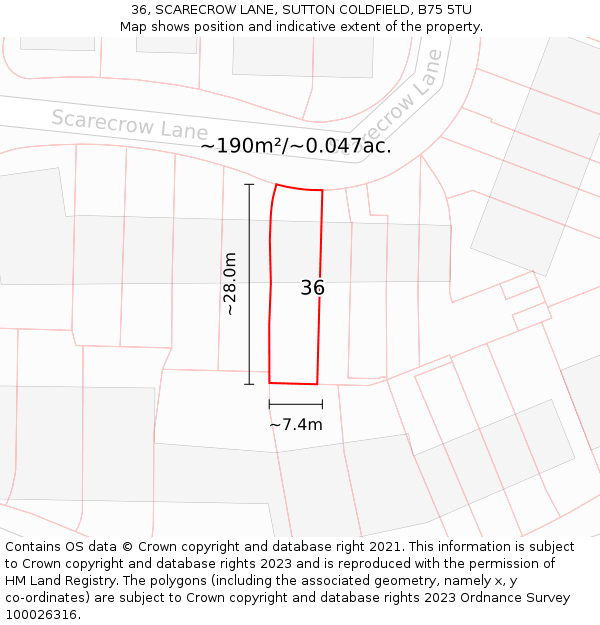 36, SCARECROW LANE, SUTTON COLDFIELD, B75 5TU: Plot and title map