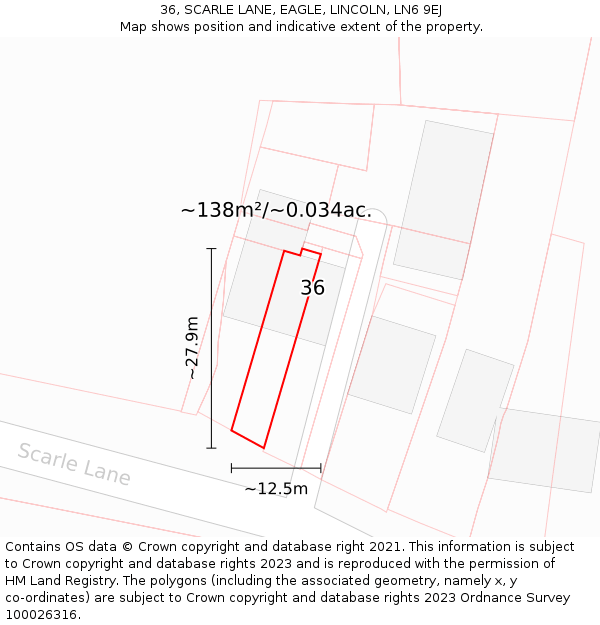 36, SCARLE LANE, EAGLE, LINCOLN, LN6 9EJ: Plot and title map