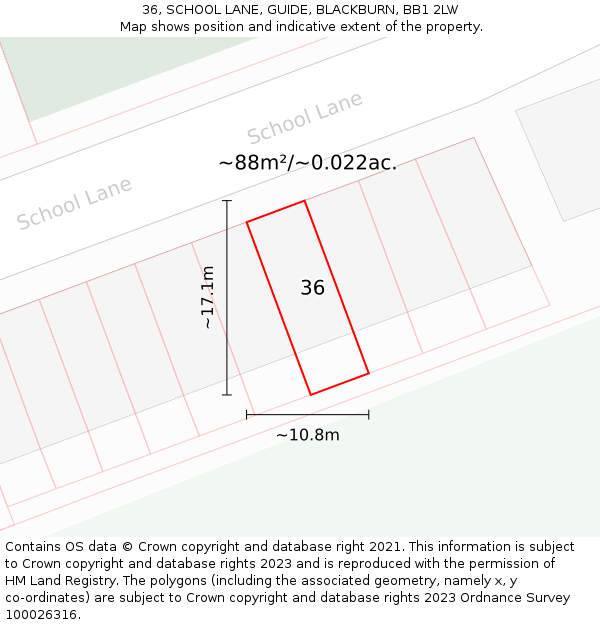 36, SCHOOL LANE, GUIDE, BLACKBURN, BB1 2LW: Plot and title map