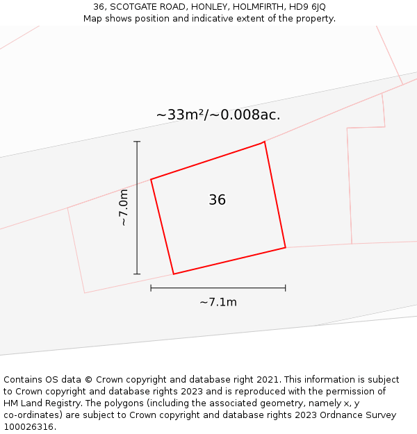 36, SCOTGATE ROAD, HONLEY, HOLMFIRTH, HD9 6JQ: Plot and title map