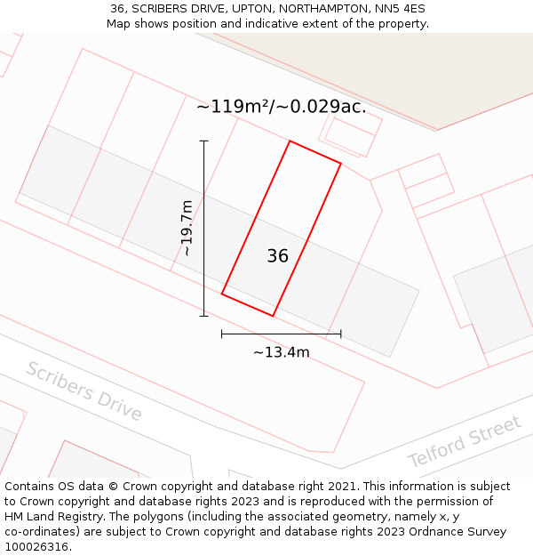 36, SCRIBERS DRIVE, UPTON, NORTHAMPTON, NN5 4ES: Plot and title map