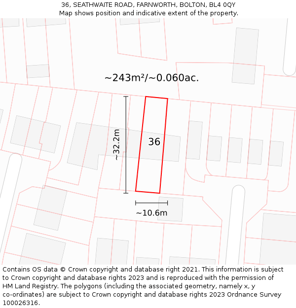 36, SEATHWAITE ROAD, FARNWORTH, BOLTON, BL4 0QY: Plot and title map