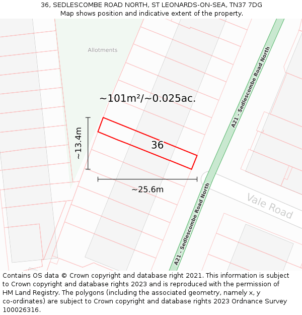 36, SEDLESCOMBE ROAD NORTH, ST LEONARDS-ON-SEA, TN37 7DG: Plot and title map