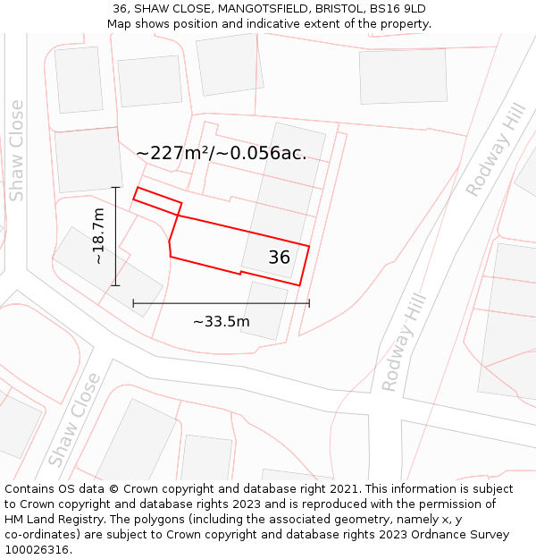 36, SHAW CLOSE, MANGOTSFIELD, BRISTOL, BS16 9LD: Plot and title map