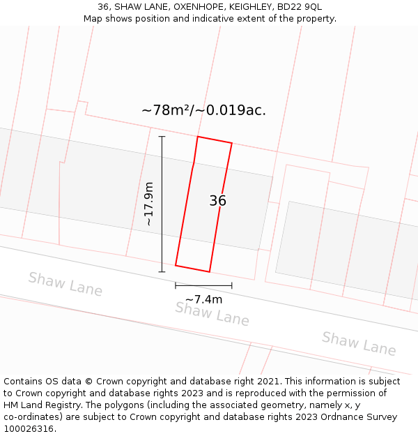 36, SHAW LANE, OXENHOPE, KEIGHLEY, BD22 9QL: Plot and title map