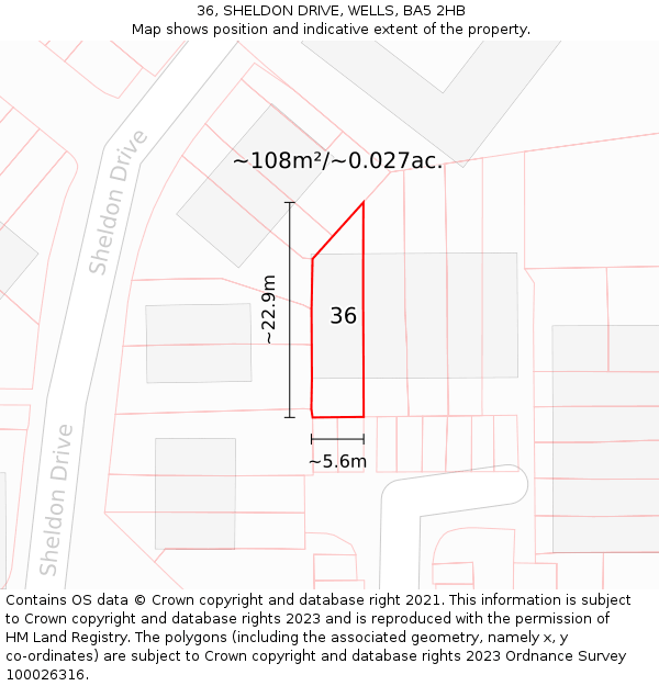 36, SHELDON DRIVE, WELLS, BA5 2HB: Plot and title map