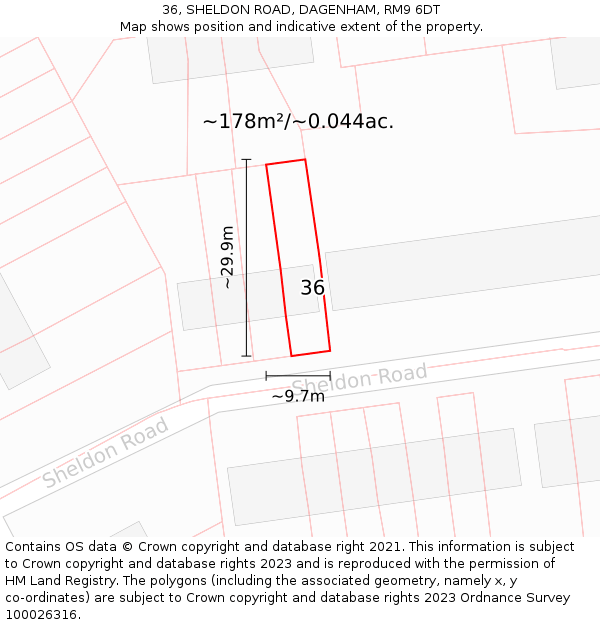 36, SHELDON ROAD, DAGENHAM, RM9 6DT: Plot and title map