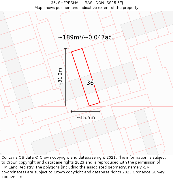 36, SHEPESHALL, BASILDON, SS15 5EJ: Plot and title map