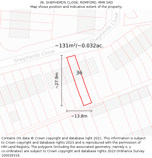 36, SHEPHERDS CLOSE, ROMFORD, RM6 5AD: Plot and title map