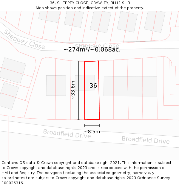 36, SHEPPEY CLOSE, CRAWLEY, RH11 9HB: Plot and title map