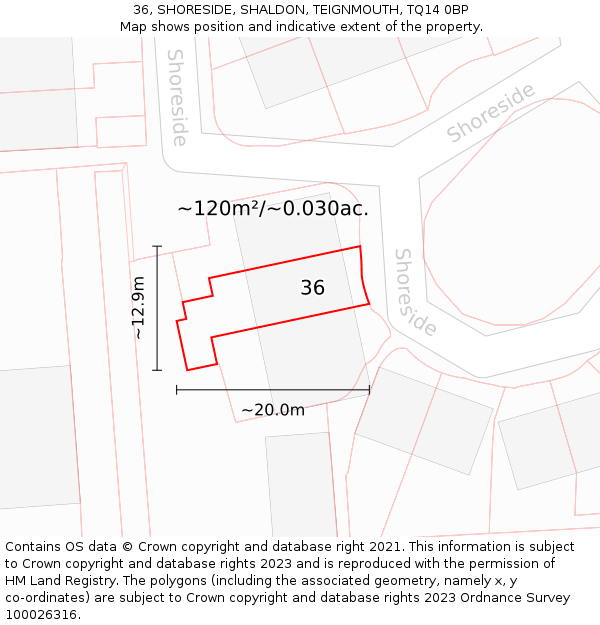 36, SHORESIDE, SHALDON, TEIGNMOUTH, TQ14 0BP: Plot and title map