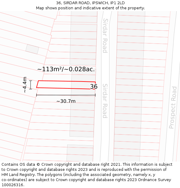 36, SIRDAR ROAD, IPSWICH, IP1 2LD: Plot and title map