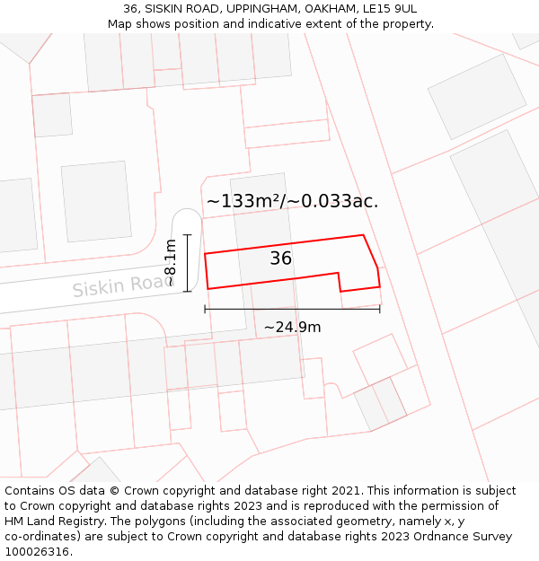 36, SISKIN ROAD, UPPINGHAM, OAKHAM, LE15 9UL: Plot and title map